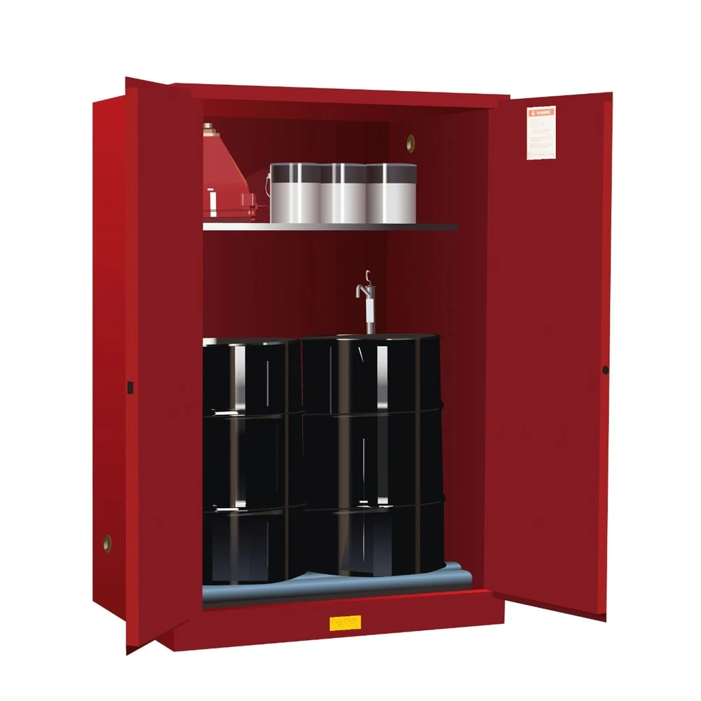 JUSTRITE 899061 Vertical Drum Cabinet, 1 Drum Vertical, 1 Shelf, 2 Doors, Manual Close, 30 Gallon, Red | CD8CYD