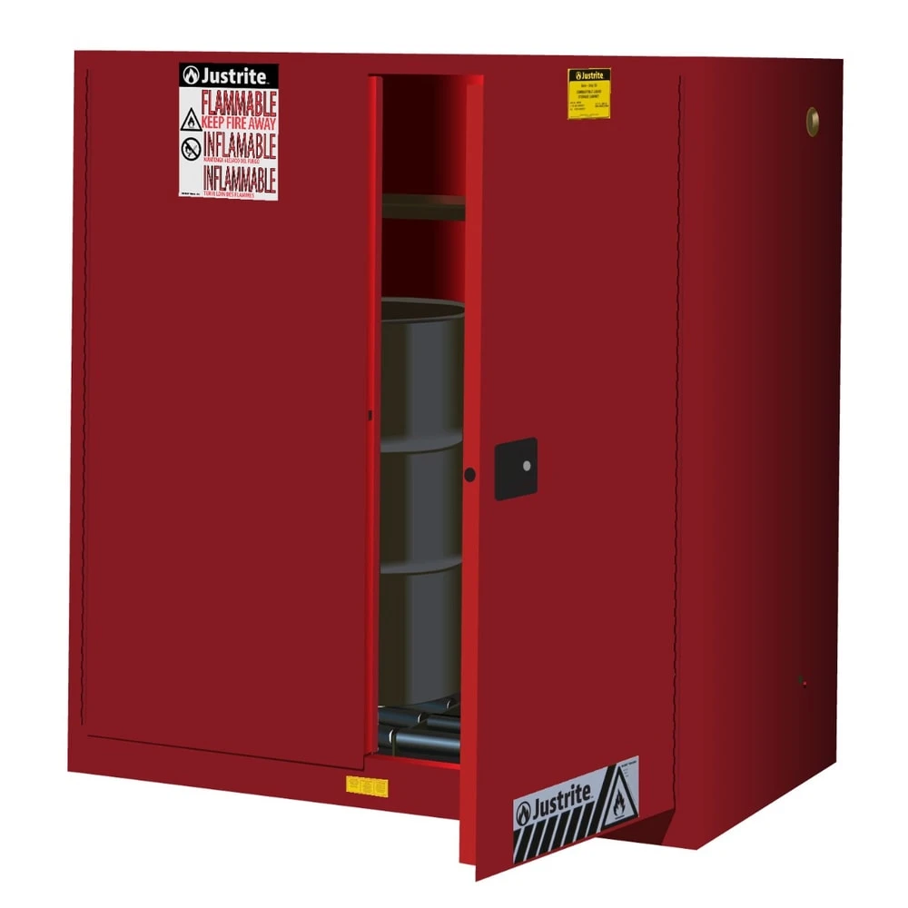 JUSTRITE 899071 Safety Cabinet, 2 Drum Vertical, 1 Shelf, 2 Doors, Self Close, 60 Gallon, Red | AA6ADJ 13M576