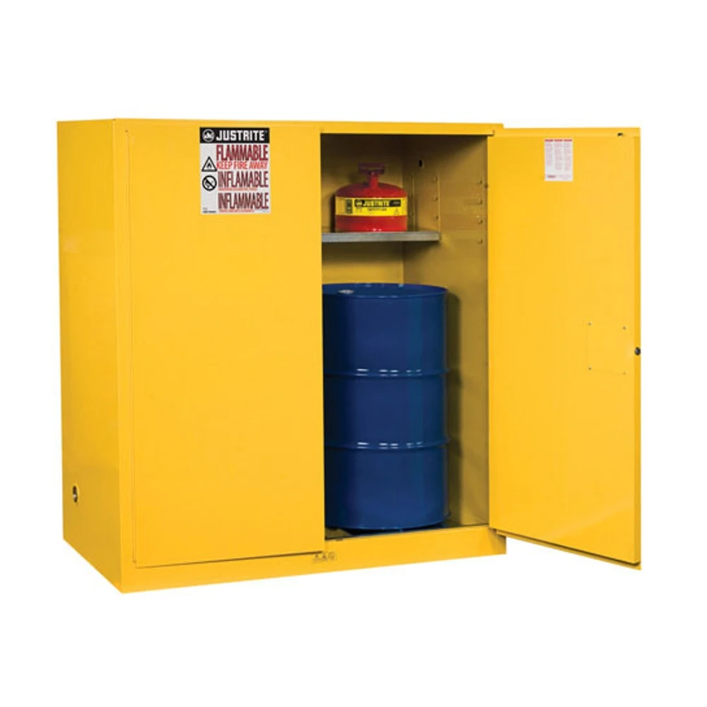 JUSTRITE 899100 Vertical Drum Cabinet, 1 Drum Vertical, 1 Shelf, 2 Doors, Manual Close, 55 Gallon, Yellow | CD8CYP 8991001