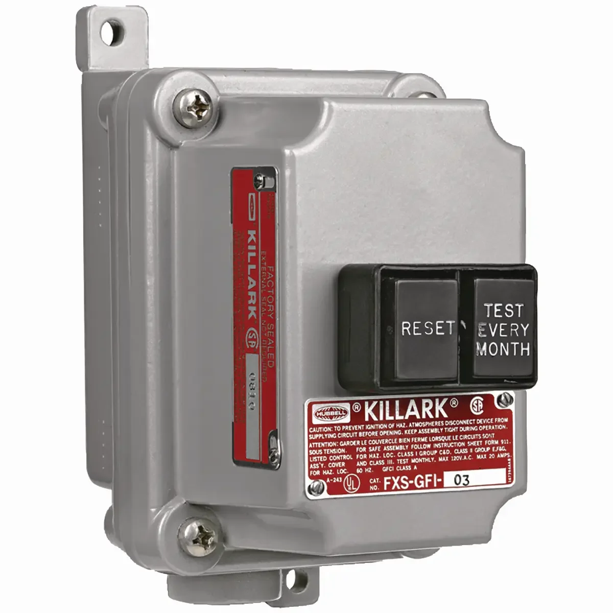 Dead-End Ground Fault Interrupter Unit, Factory Sealed, Hub Size 3/4 Inch, 20A/120Vac/60Hz, 4-6 Miliamp Trip Setting