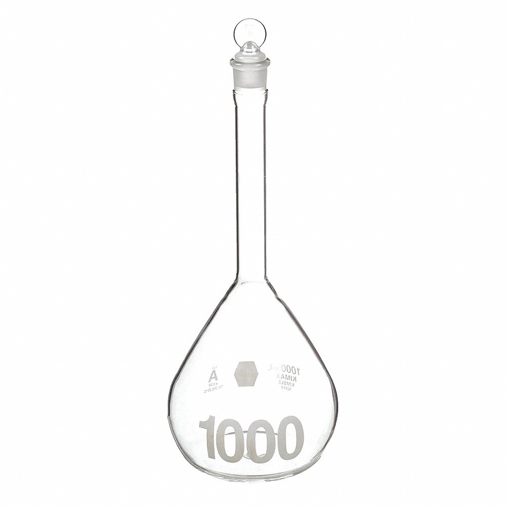 KIMBLE KIMAX 92812G-1000 Volumetric Flask, 1000 mL Labware Capacity - Metric, Borosilicate Glass, Includes Closure | CR6QRR 8NLU5