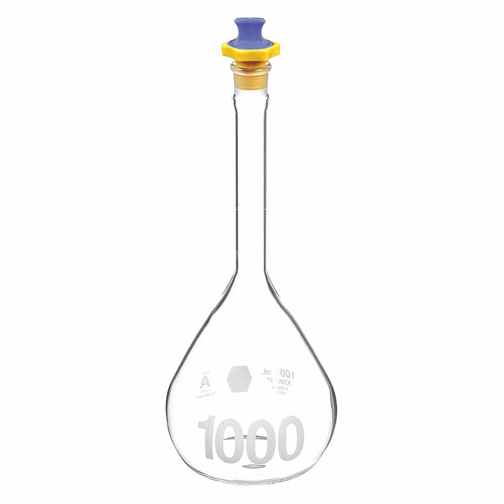 KIMBLE KIMAX 92812P-1000 Volumetric Flask, 1000 mL Labware Capacity - Metric, Borosilicate Glass, Includes Closure | CR6QRT 8YR35