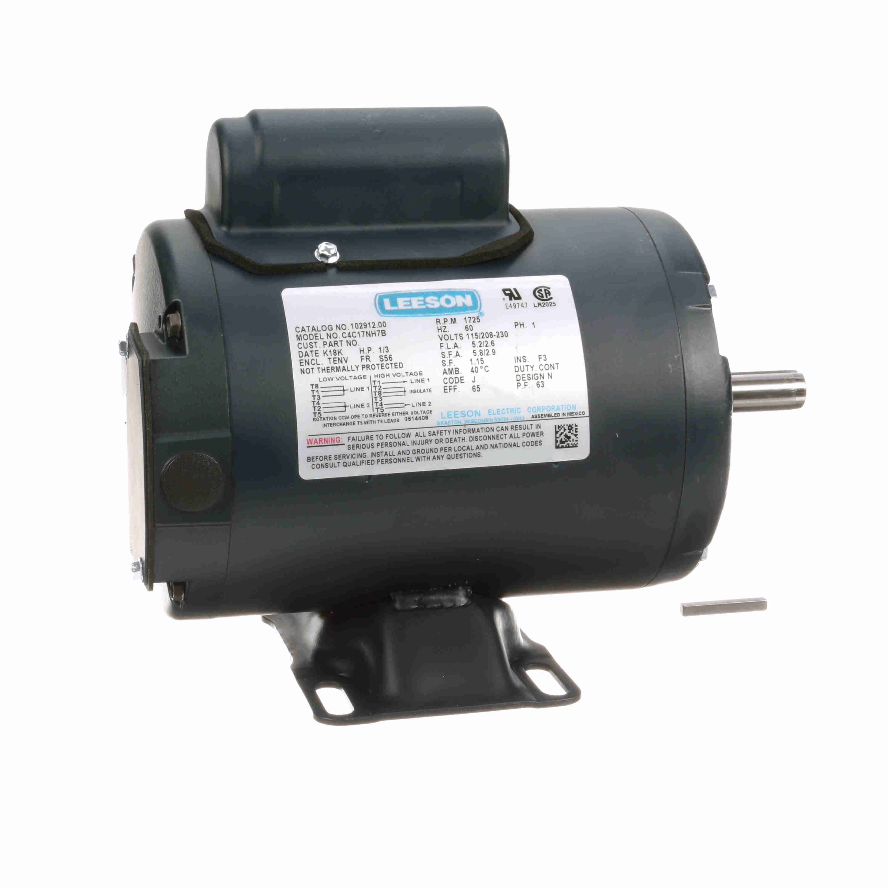 General Purpose Motor, 0.33 HP, 1 Phase, 60 Hz, 115/230V, 1800 RPM