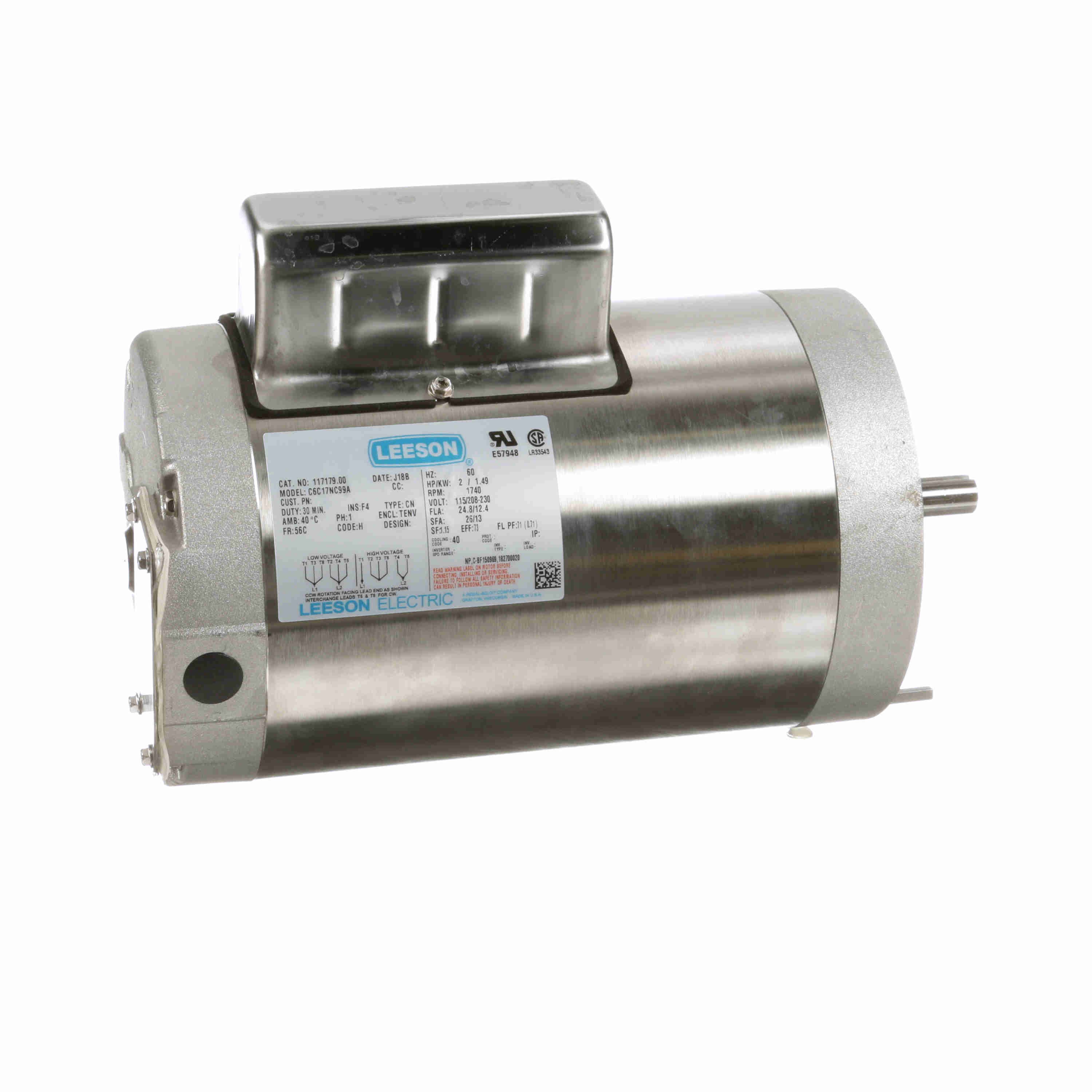 LEESON 117179.00 Washdown Motor, Capacitor-Start, 2 HP, 1, 740 Nameplate RPM, 115/208-230VAC, 56C | CR8PUJ 798KL4