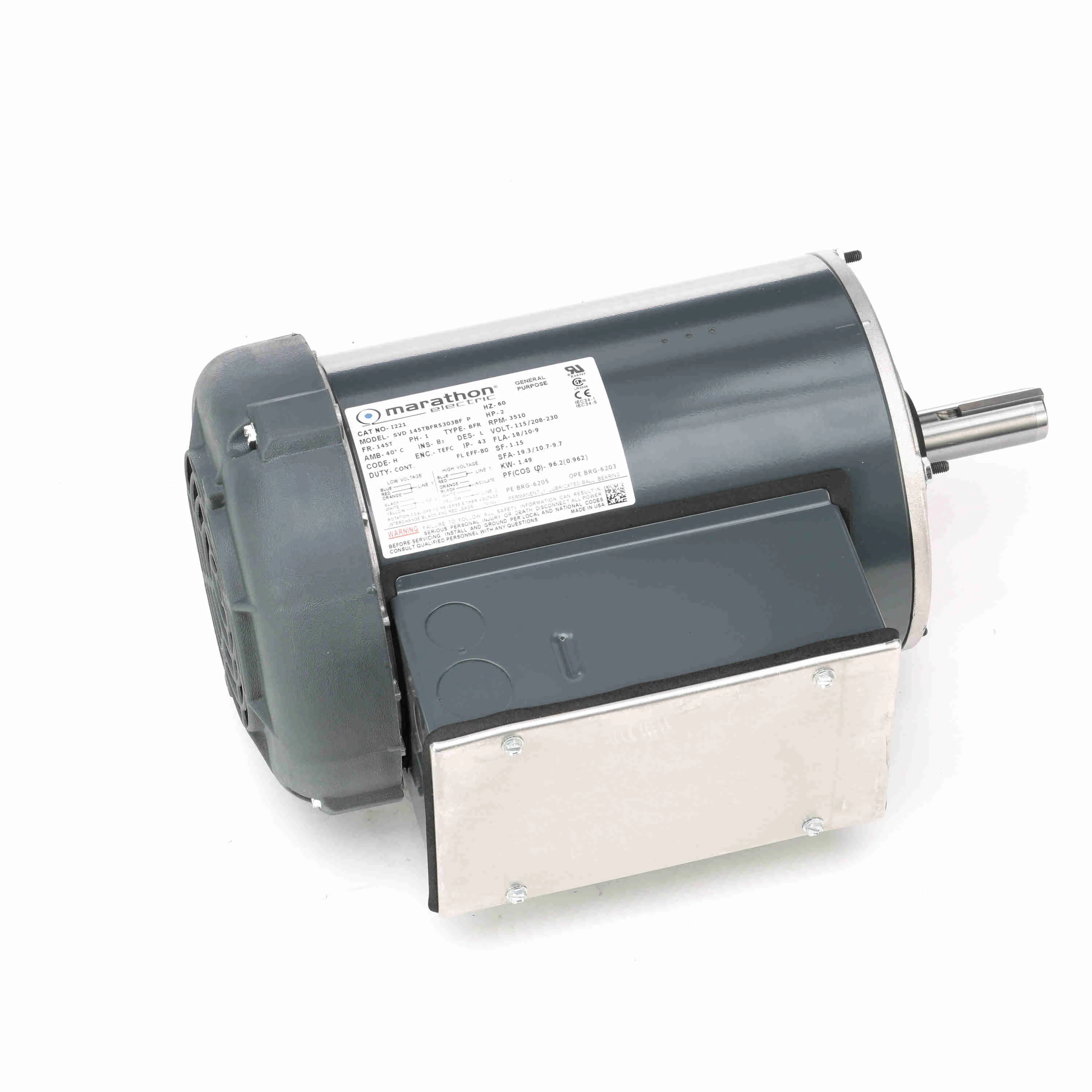 General Purpose Motor, 2 HP, 1 Phase, 60 Hz, 115/208-230V, 3600 RPM