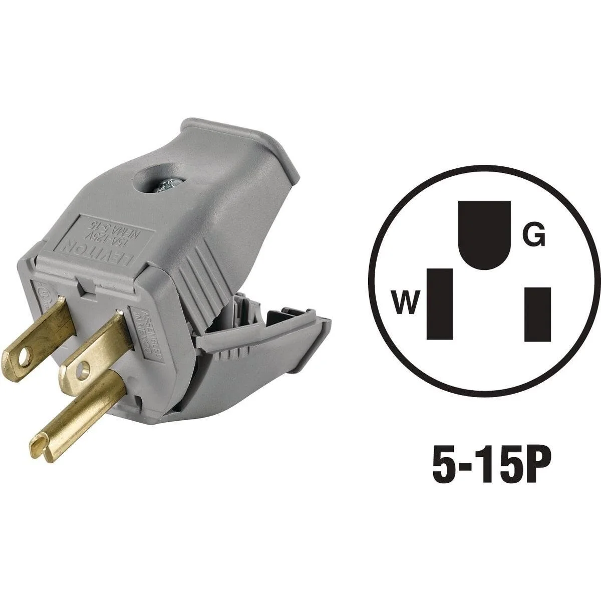 15A 125V 3-Wire 2-Pole Clamp Tight Cord Plug, Gray