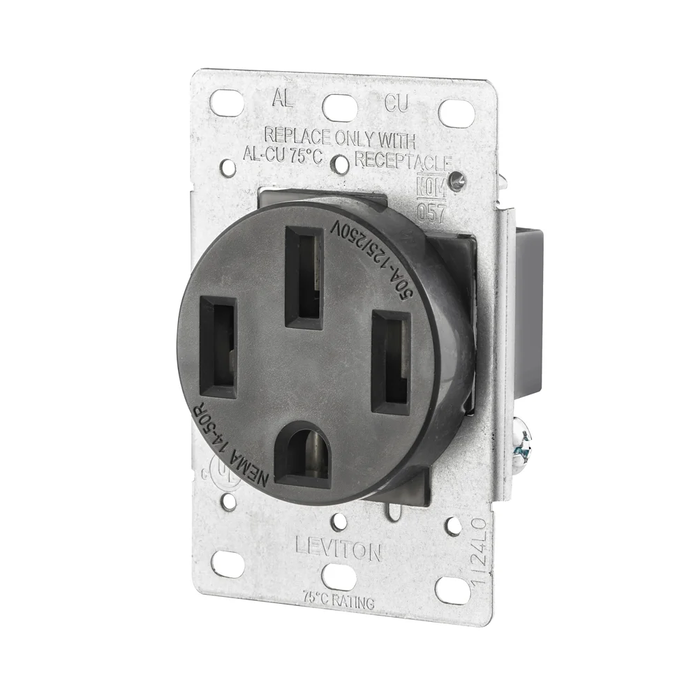 LEVITON 279-S00 Receptacle, Single, 14-50R, 50 A, 125/250V AC, Black, 3 Poles, Screw Terminals, Std Resist | CR9HYT 792TC1