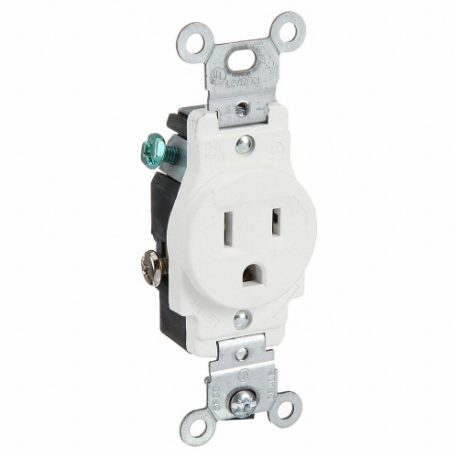 LEVITON 5015-W Receptacle, Single, 5-15R, 15 A, 125V AC, White, 2 Poles, Screw Terminals, Std Resist | CR9HZG 792TH8