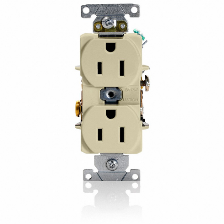 LEVITON 5252-I Receptacle, Duplex, 5-15R, 15 A, 125V AC, Ivory, 2 Poles, Screw Terminals, Std Resist | CR9HUH 792TK2