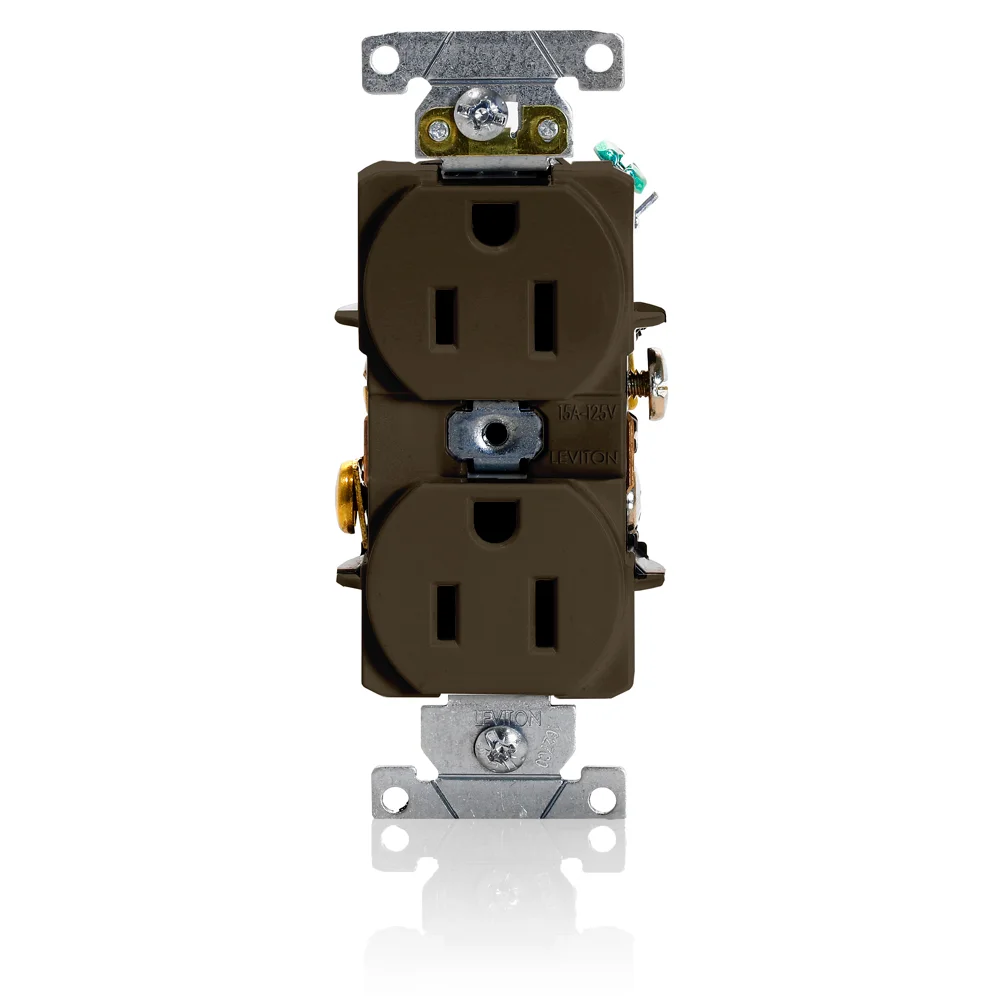 LEVITON 5252 Receptacle, Duplex, 5-15R, 15 A, 125V AC, Brown, 2 Poles, Screw Terminals, Std Resist | CR9JBU 792TK1