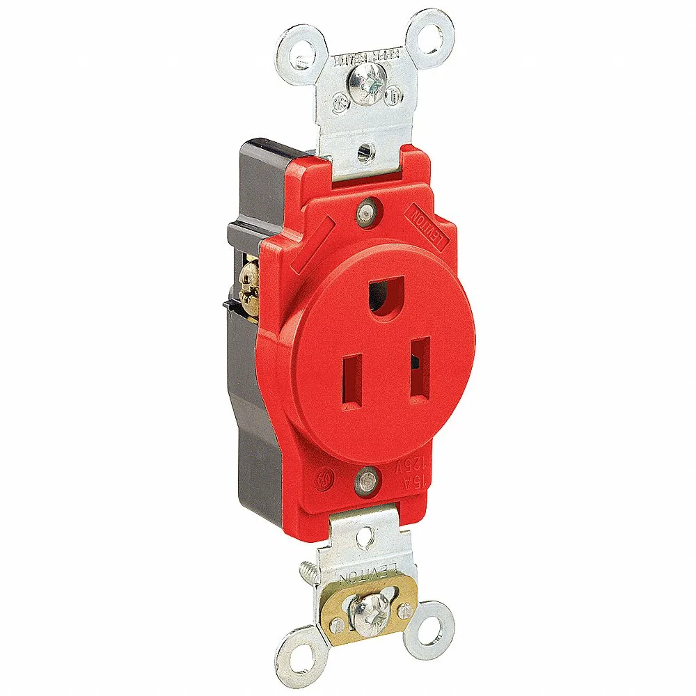 LEVITON 5261-R Receptacle, Single, 5-15R, 15 A, 125V AC, Red, 2 Poles, Screw Terminals, Std Resist | CR9JBK 792TK9