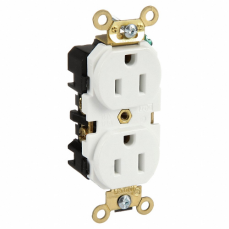 LEVITON 5262-W Receptacle, Duplex, 5-15R, 125V AC, 15 A, 2 Poles, White, Screw Terminals, Std Protection | CR9JBM 792TM1