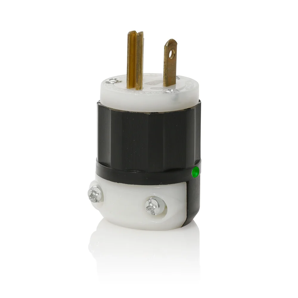 Cable Mount Grounding Straight Blade Plug, 250 VAC, 20 A, 2 Poles, 3 Wires, Black/White