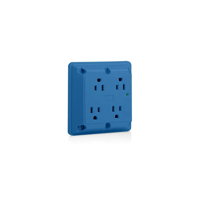 Grounding Heavy Duty Quadruplex Surge Protective Straight Blade Receptacle, 125 VAC, 15 A, 2 Poles, 3 Wires, Blue