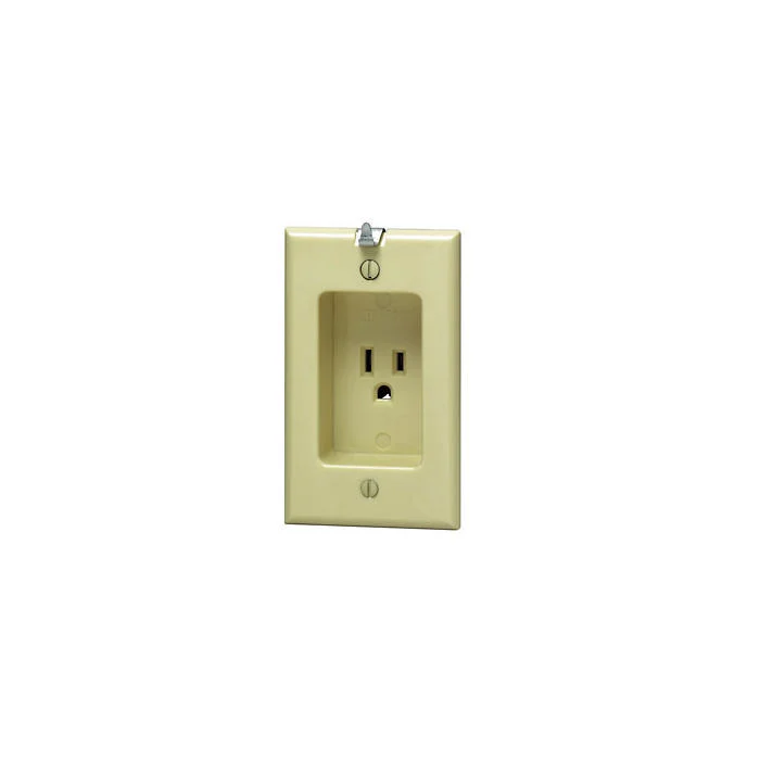 Recessed Single Receptacle With Clock Hanger Hook, 125 VAC, 15 A, 2 Poles, 3 Wires, Ivory