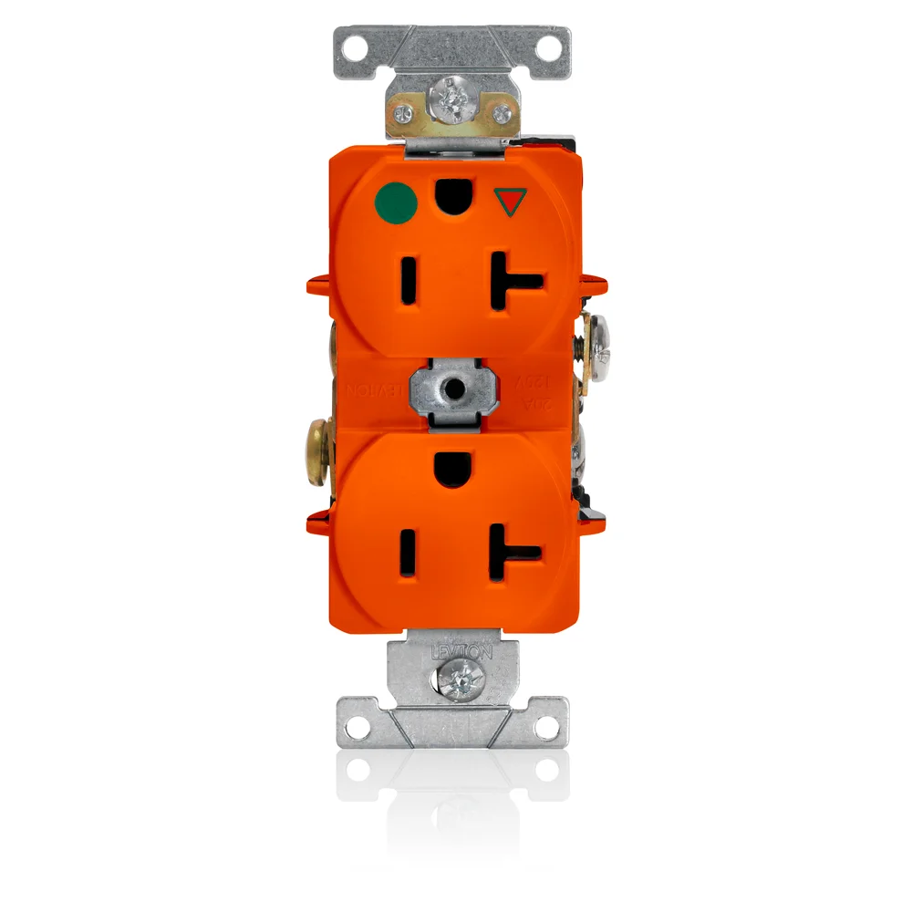 LEVITON 8300-OIG Receptacle, Duplex, 5-20R, 20 A, 125V AC, Orange, 2 Poles, Screw Terminals, Std Resist | CR9HWY 792U29