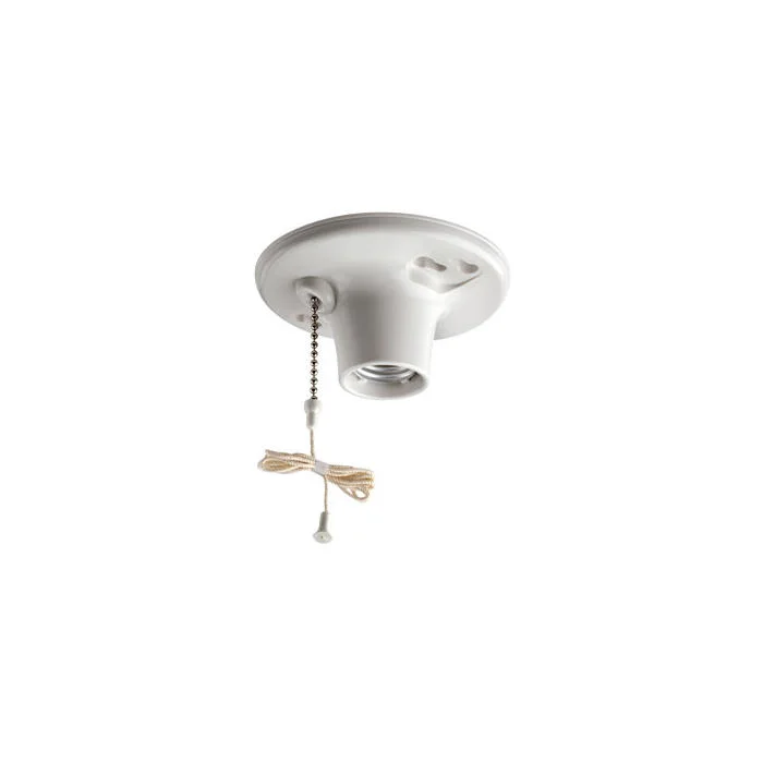 Pull Chain Lampholder, 660 W, 250 VAC, Medium Incandescent Lamp, White, White Urea