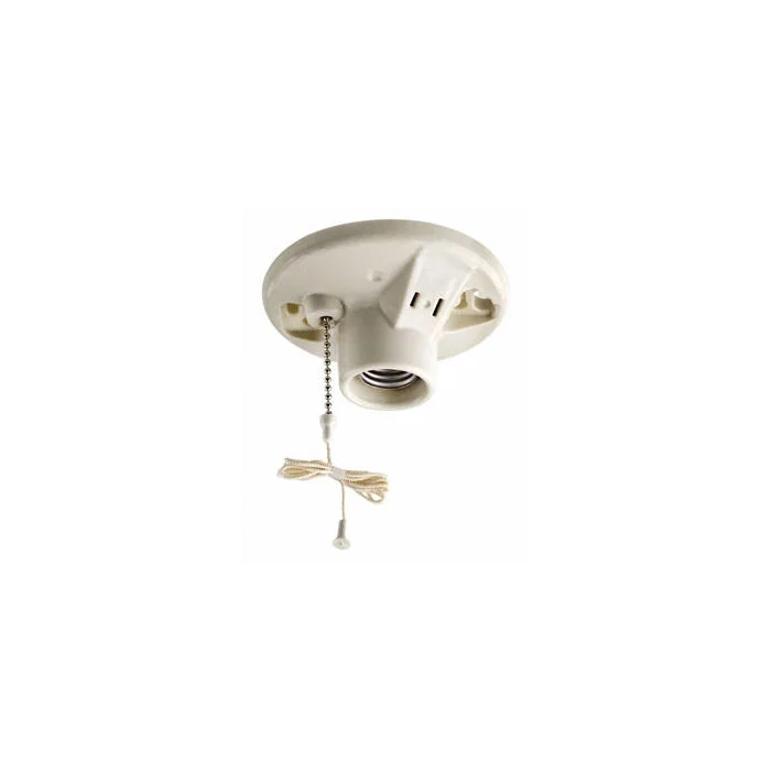 Pull Chain Lampholder, 660 W, 125 VAC, Medium Incandescent Lamp, White, Glazed Porcelain