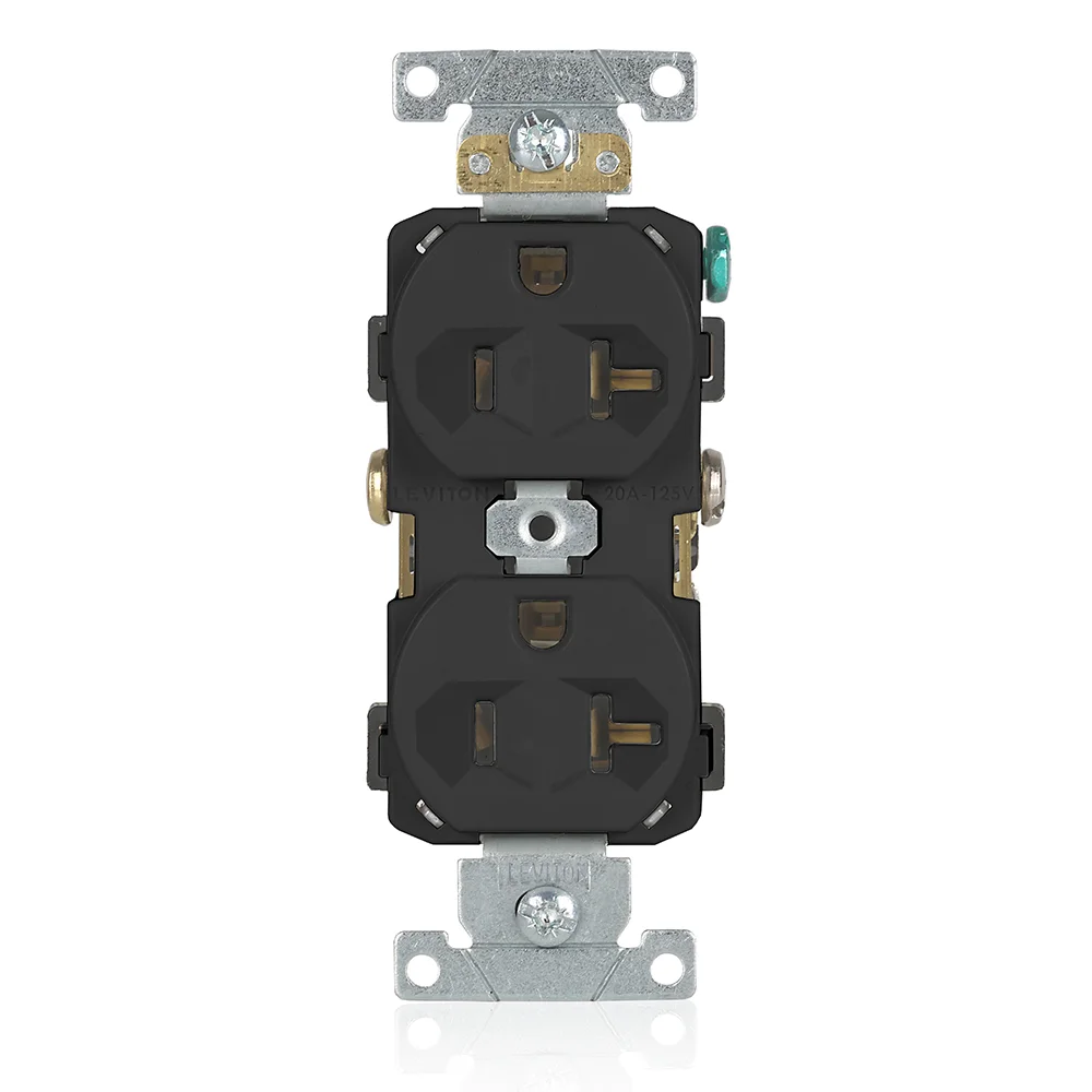 LEVITON BR20-E Receptacle, Duplex, 5-20R, 20 A, 125V AC, Black, 2 Poles, Screw Terminals, Std Resist | CR9HVT 792U84