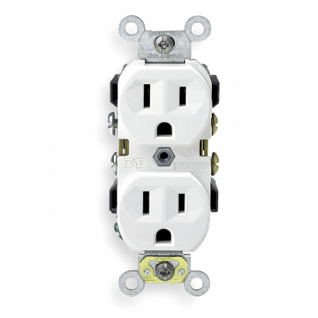 LEVITON CR15-W Receptacle, Duplex, 5-15R, 15 A, 125V AC, White, 2 Poles, Screw Terminals, Std Resist | CR9HUW 792U93