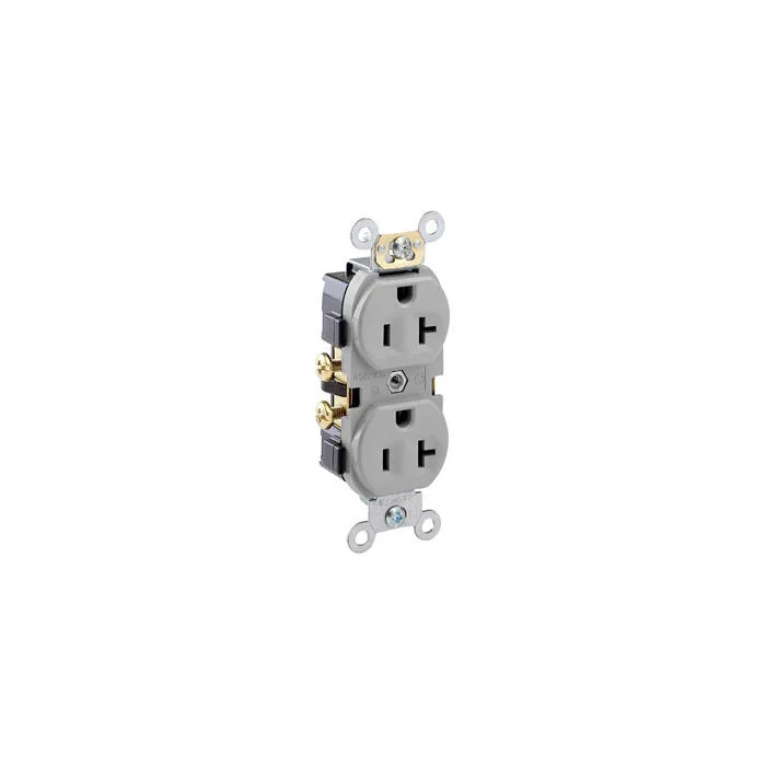 LEVITON CR20-GY Receptacle, Duplex, 5-20R, 20 A, 125V AC, Gray, 2 Poles, Screw Terminals, Std Resist | CR9HWG 792U96