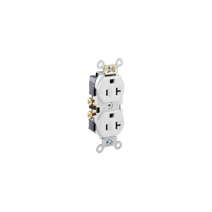 LEVITON CR20-W Receptacle, Duplex, 5-20R, 20 A, 125V AC, White, 2 Poles, Screw Terminals, Std Resist | CR9HYA 792U99