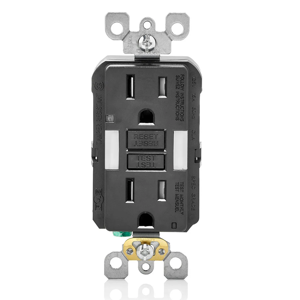 LEVITON GFNL1-E GFI Receptacle, Decorator Duplex, 5-15R, 15 A, 125 VAC, Black, 2 Poles, Screw Terminals | CR9HLP 792UA8