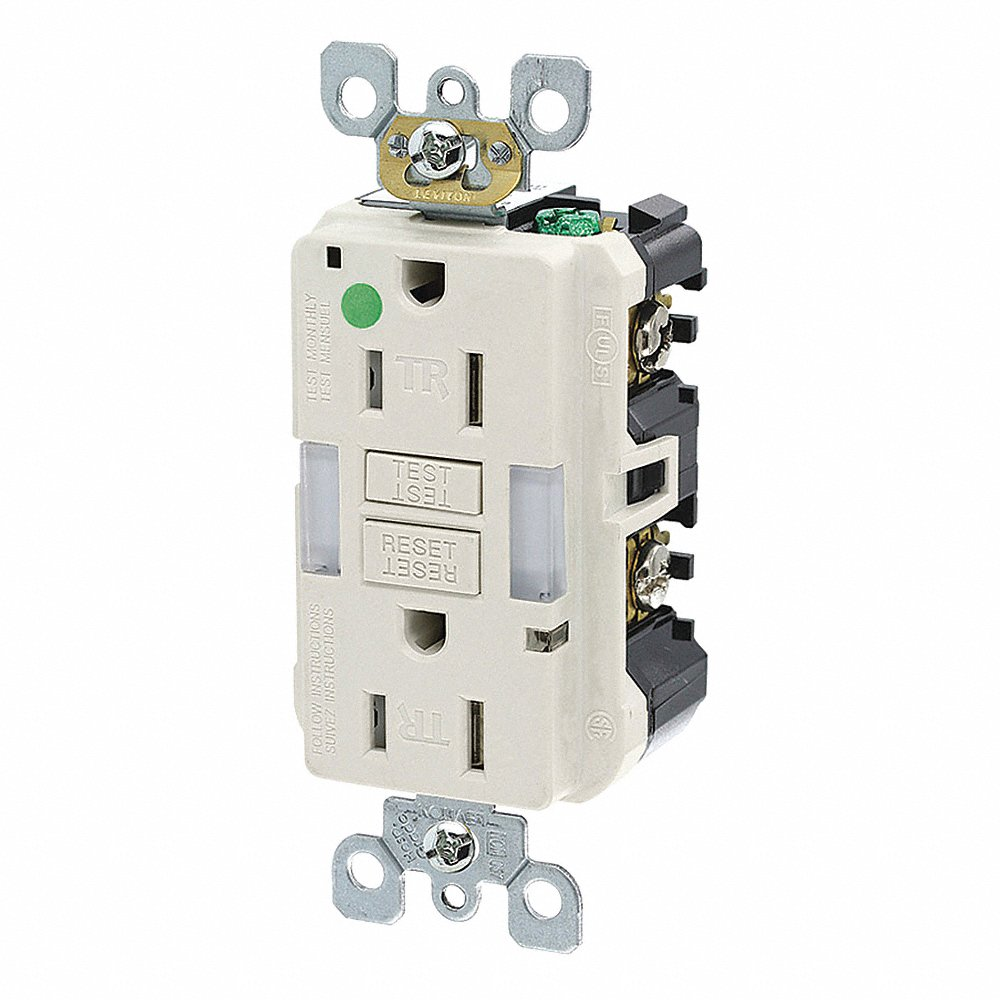 Duplex Feed Through Guidelight Self-Test Tamper Resistant GFCI Receptacle, 125 VAC, 15 A, 2 Poles, 3 Wires, Light Almond