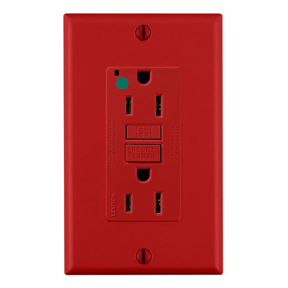 LEVITON GFNT1-HGR GFI Receptacle, Decorator Duplex, 5-15R, 15 A, 125 VAC, Red, 2 Poles, Screw Terminals | CR9HMM 792UE4