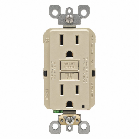 LEVITON GFNT1-I GFI Receptacle, Decorator Duplex, 5-15R, 15 A, 125 VAC, Ivory, 2 Poles, Screw Terminals | CR9HMG 792UE7