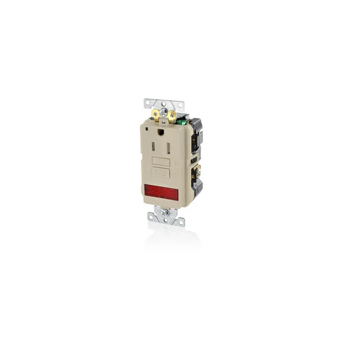 Slim Extra Heavy Duty Self-Test GFCI Receptacle With LED Pilot Light, 125 VAC, 15 A, 2 Poles, 3 Wires, Light Almond
