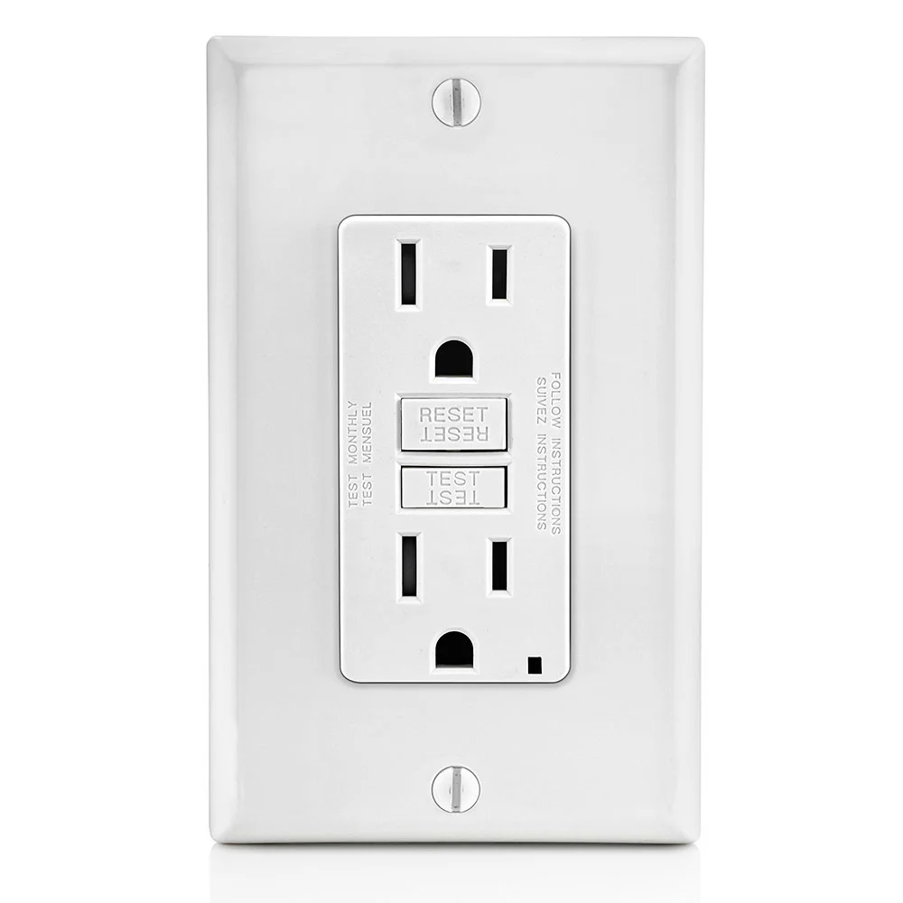 Duplex Outlet Self-Test GFCI Receptacle With LED Indicator, 125 VAC, 15 A, 2 Poles, 3 Wires, White