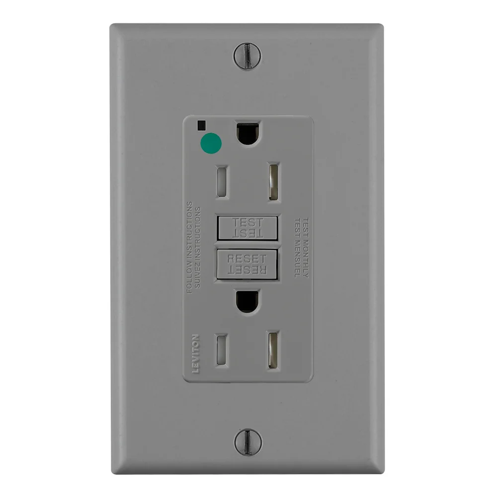 LEVITON GFTR1-HGG GFI Receptacle, Decorator Duplex, 5-15R, 15 A, 125 VAC, Gray, 2 Poles, Screw Terminals | CR9HMC 792UH1