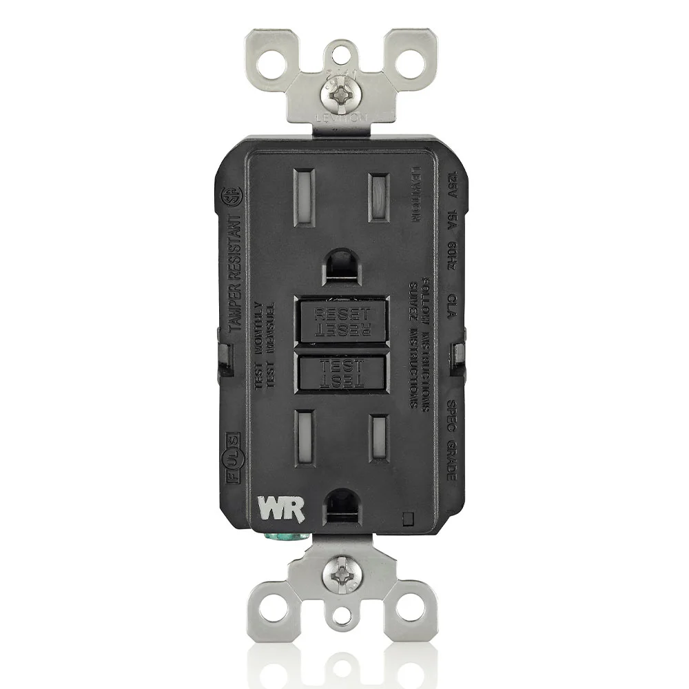 LEVITON GFWT1-E GFI Receptacle, Decorator Duplex, 5-15R, 15 A, 125 VAC, Black, 2 Poles, Screw Terminals | CR9HLU 792UK5
