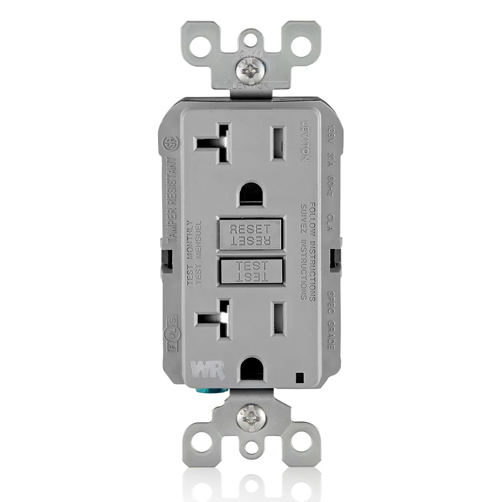 Self-Test Slim Tamper-Resistant Weather-Resistant GFCI Receptacle, 125 VAC, 20 A, 2 Poles, 3 Wires, Gray