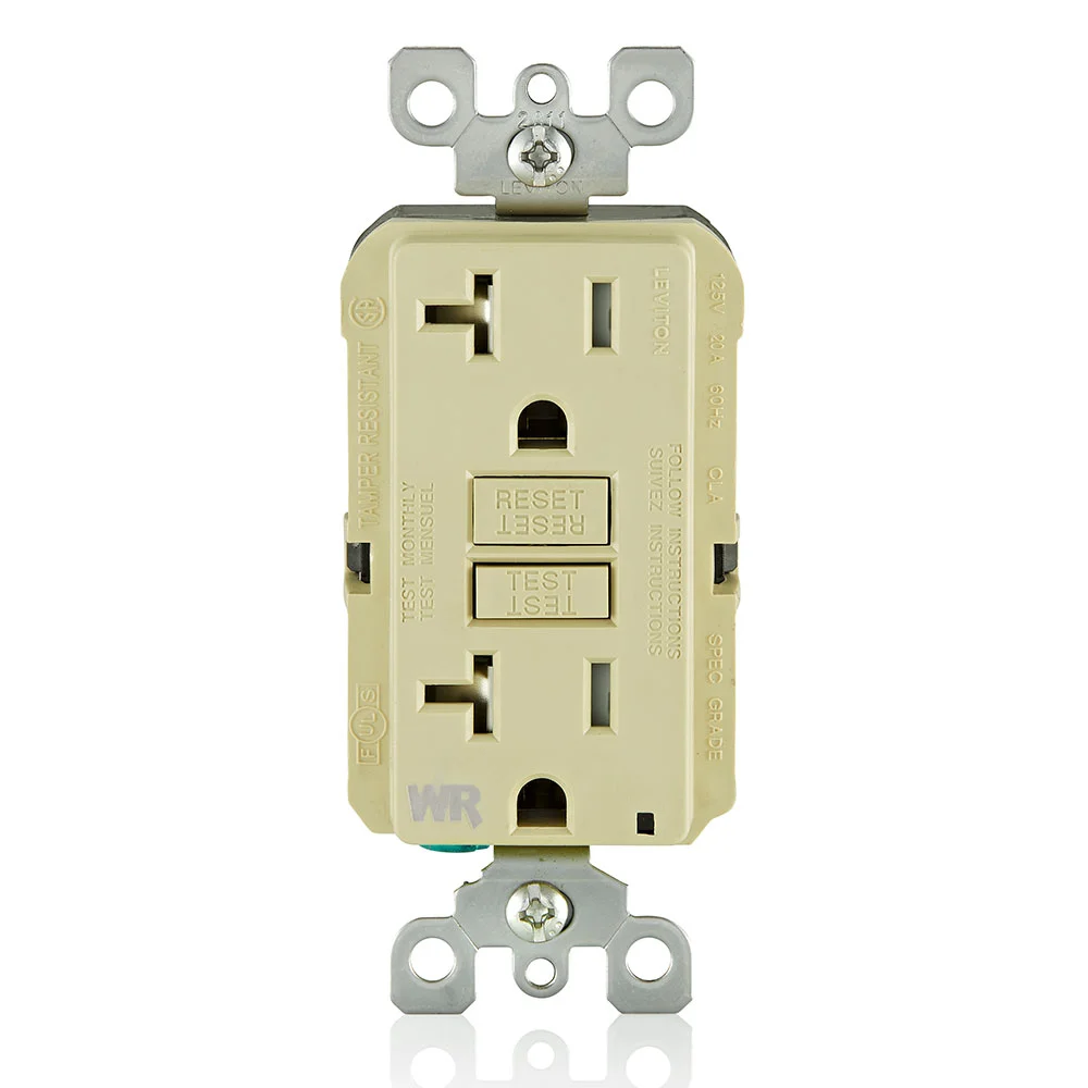 Self-Test GFCI Receptacle, 125 VAC, 20 A, 2 Poles, 3 Wires, Ivory, Polycarbonate