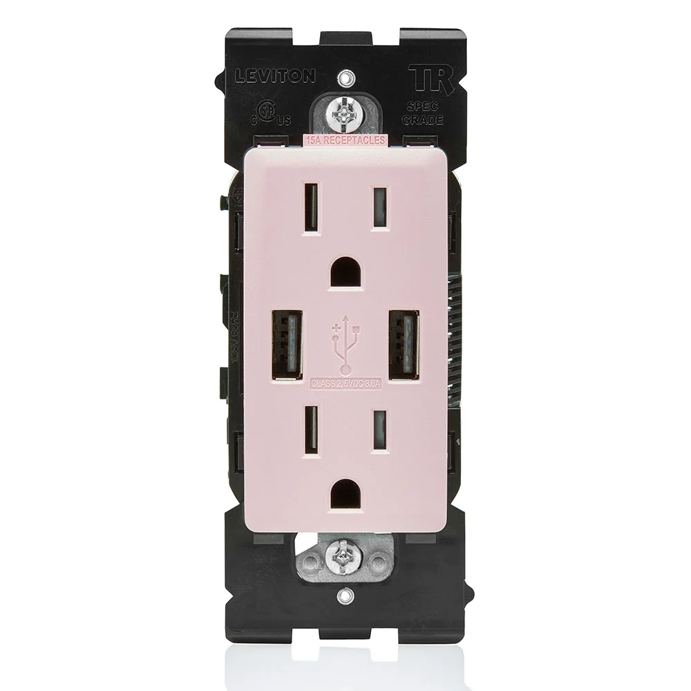 Tamper-Resistant Combination USB Charger/Duplex Receptacle, 15 A, 125 VAC, Fresh Pink Lemonade