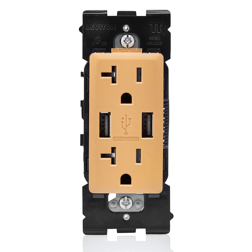 Combination Tamper-Resistant Duplex Receptacle and USB Charger, 125 VAC, 20 A, Toasted Coconut
