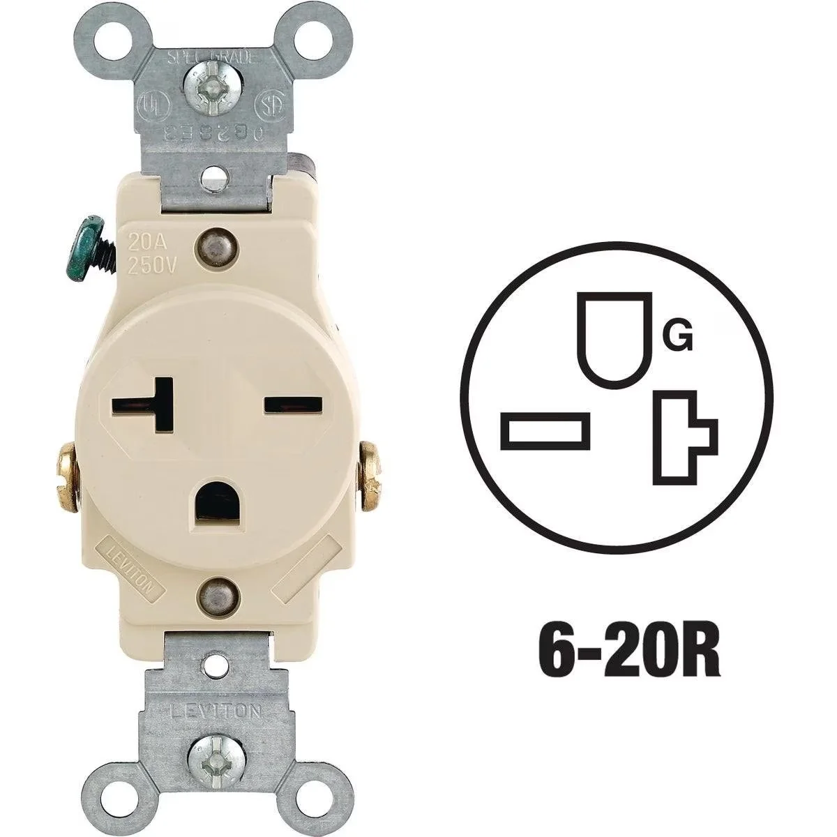 20A Ivory Heavy-Duty 6-20R Grounding Single Outlet