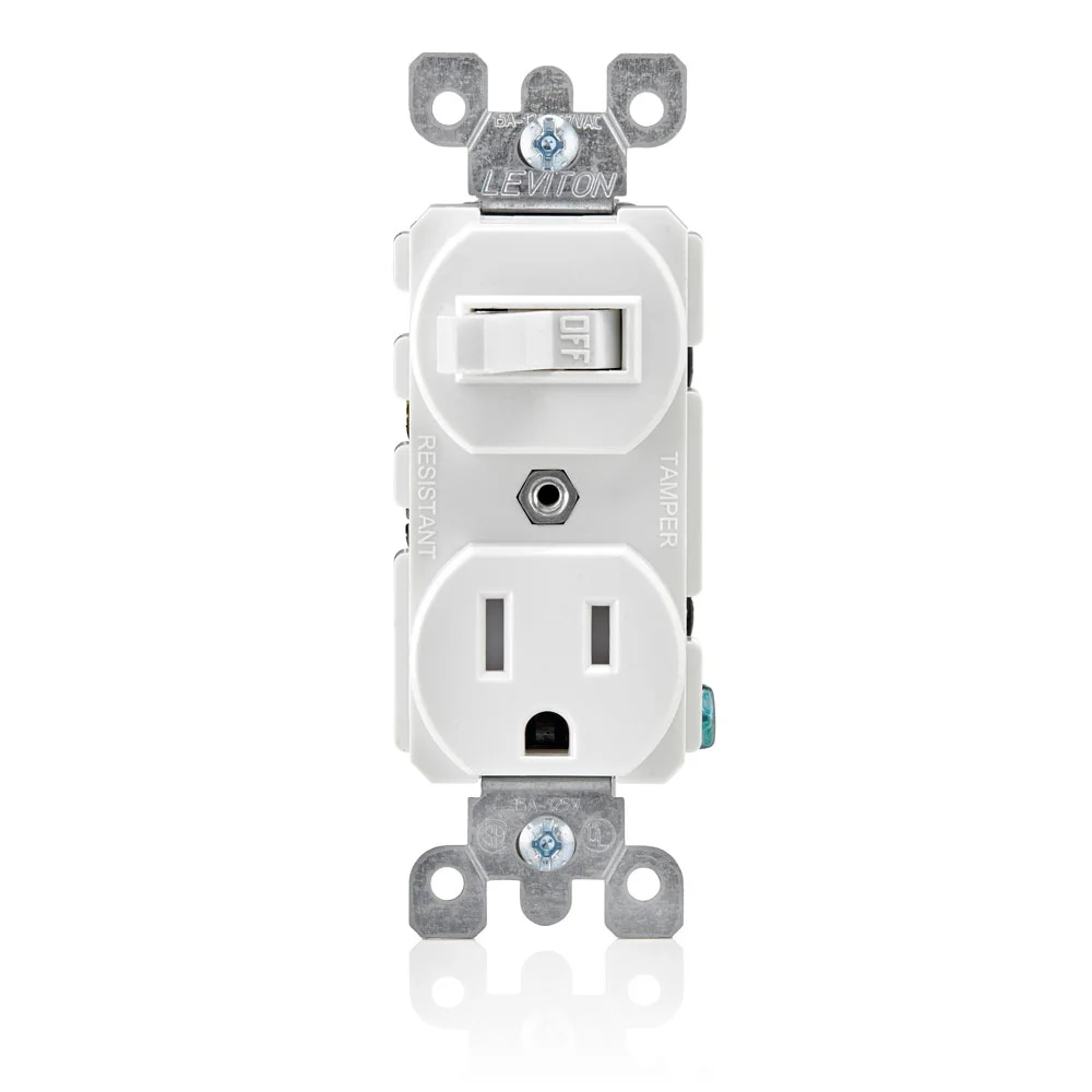 Duplex Outlet Tamper Resistant Combination Switch/Receptacle, 12 A at 120 VAC, 1 Pole, 14 to 12 AWG Wire