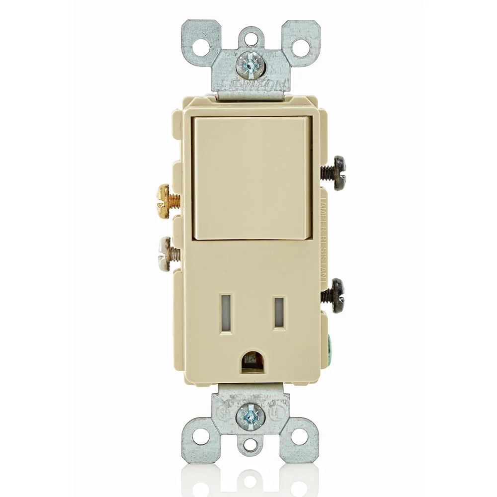 Rocker Style Tamper Resistant Combination Switch and Receptacle, 125 VAC, 15 A, Ivory