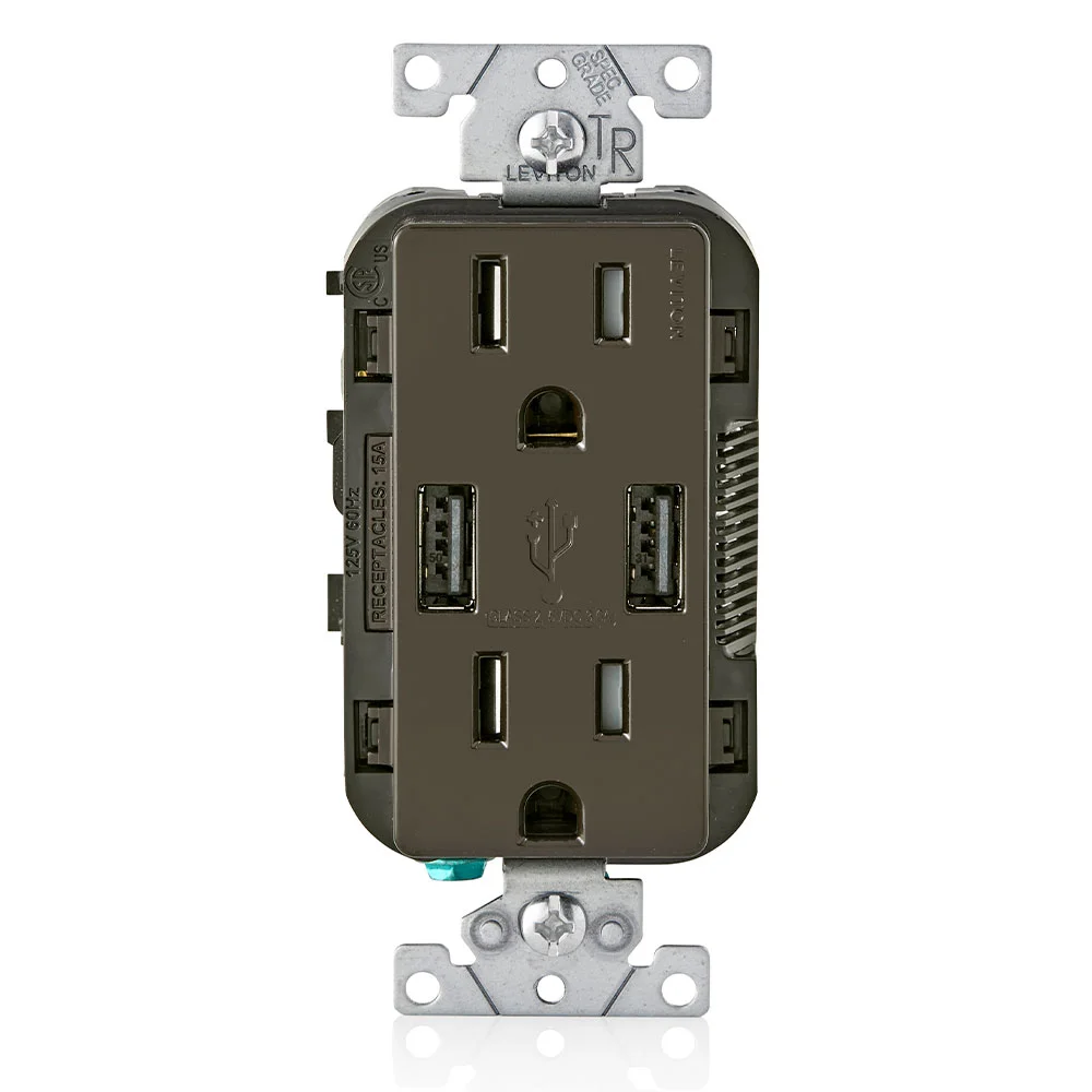 Grounding Tamper Resistant Receptacle and USB Charger, 15 A at 125 VAC, 2 Poles, 3 Wires, Brown