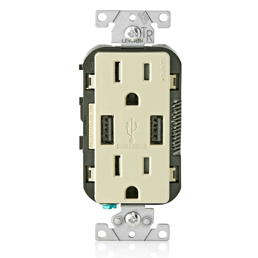 Grounding Tamper Resistant Receptacle and USB Charger, 15 A at 125 VAC, 2 Poles, 3 Wires, Ivory