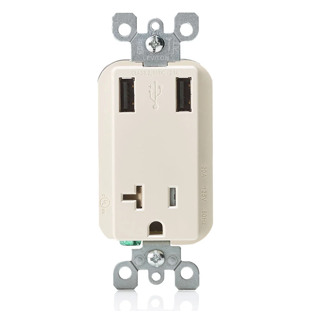 Combination Tamper-Resistant Receptacle/Outlet and USB Charger, 20 A, 125 VAC, 0.5 HP, 1 Pole, Light Almond