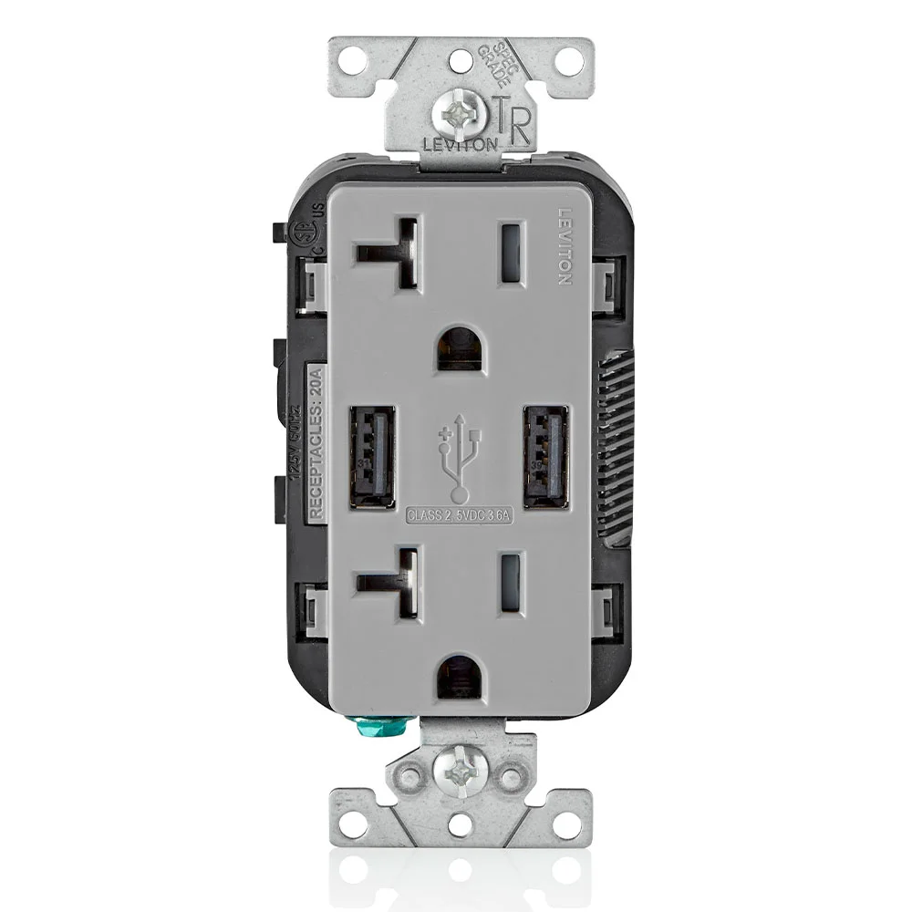 Decora Duplex Tamper Resistant Receptacle and USB Charger, 20 A at 125 VAC, Gray