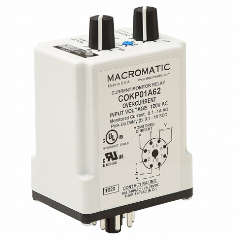 Monitor Relay, Socket Mounted, 10 A Current Rating, 120V AC, Overcurrent, Pin