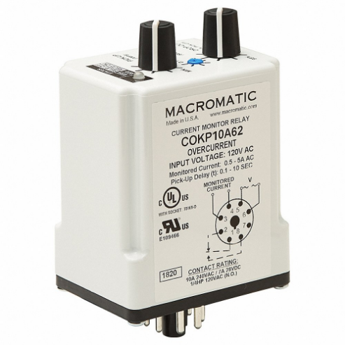 Monitor Relay, Socket Mounted, 10 A Current Rating, 120V AC, Overcurrent, Pin