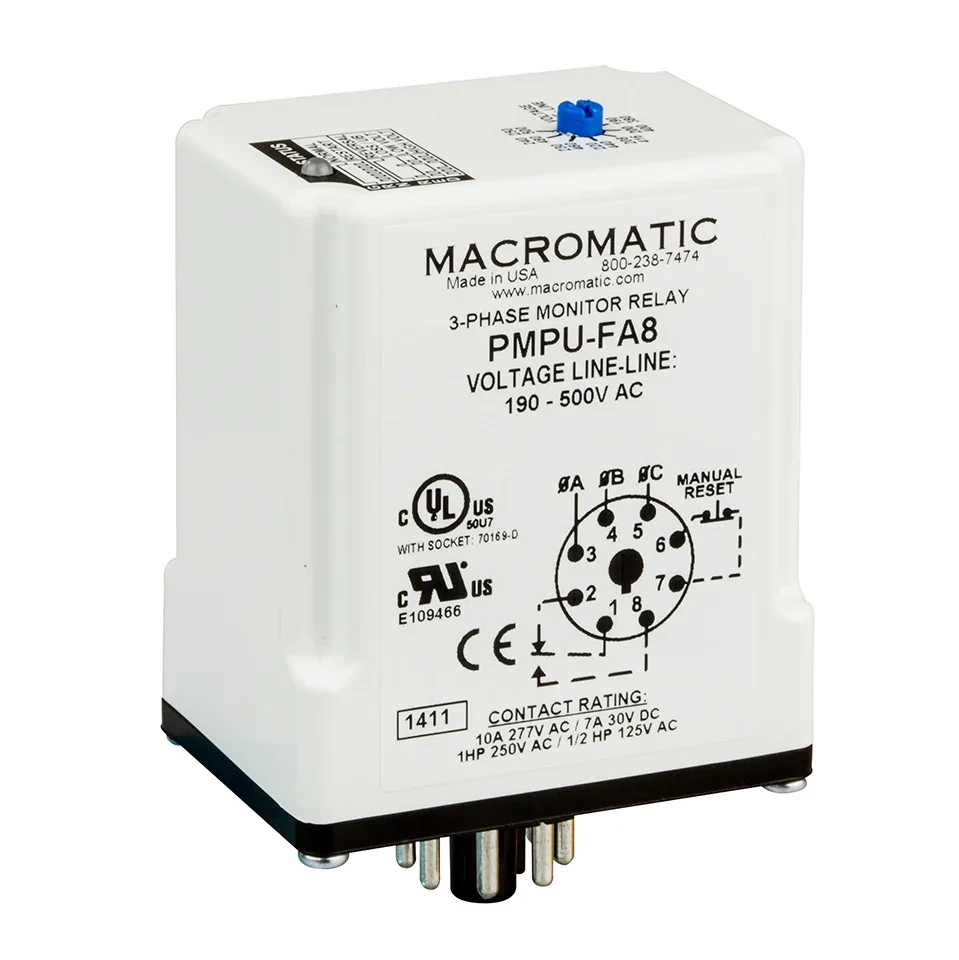 MACROMATIC PMPU-FA8X Voltage Sensing Relay, 190-500VAC, 5A SPDT/SPNO | CD6XNF