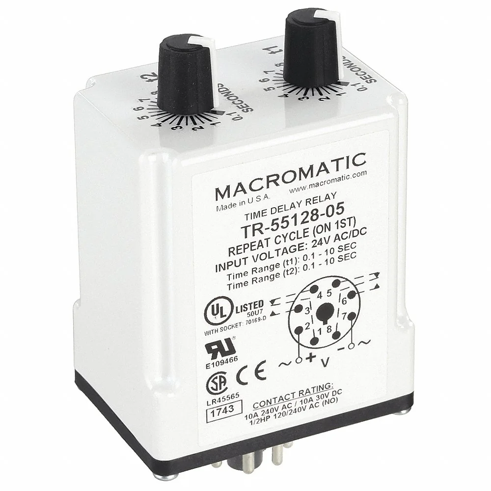 MACROMATIC TR-55128-05 Timer Relay, 10 Sec, 8 Pin, 10A, 24V AC/DC | AF7YUC 23NV20