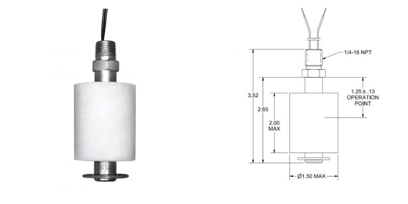 Single Point Level Switch, 1.5 Inch Float Dia., 60 Watt, SPST, 240V AC, 0.40A